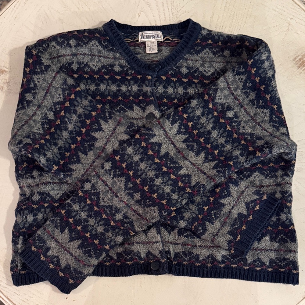 VTG Aeropostale Knit Preppy Retro Grandpa Fair Isle Cardigan Navy Gray Starburst